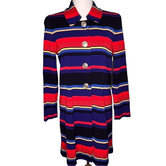 Mislook Striped Color Block Tailored Long Knit Jacket Size M NWT Chunky Button - Picture 2 of 14